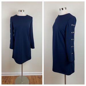 Ronni Nicole Solid Navy Blue Gold Circle Embellished Long Sleeve Dress Women 6